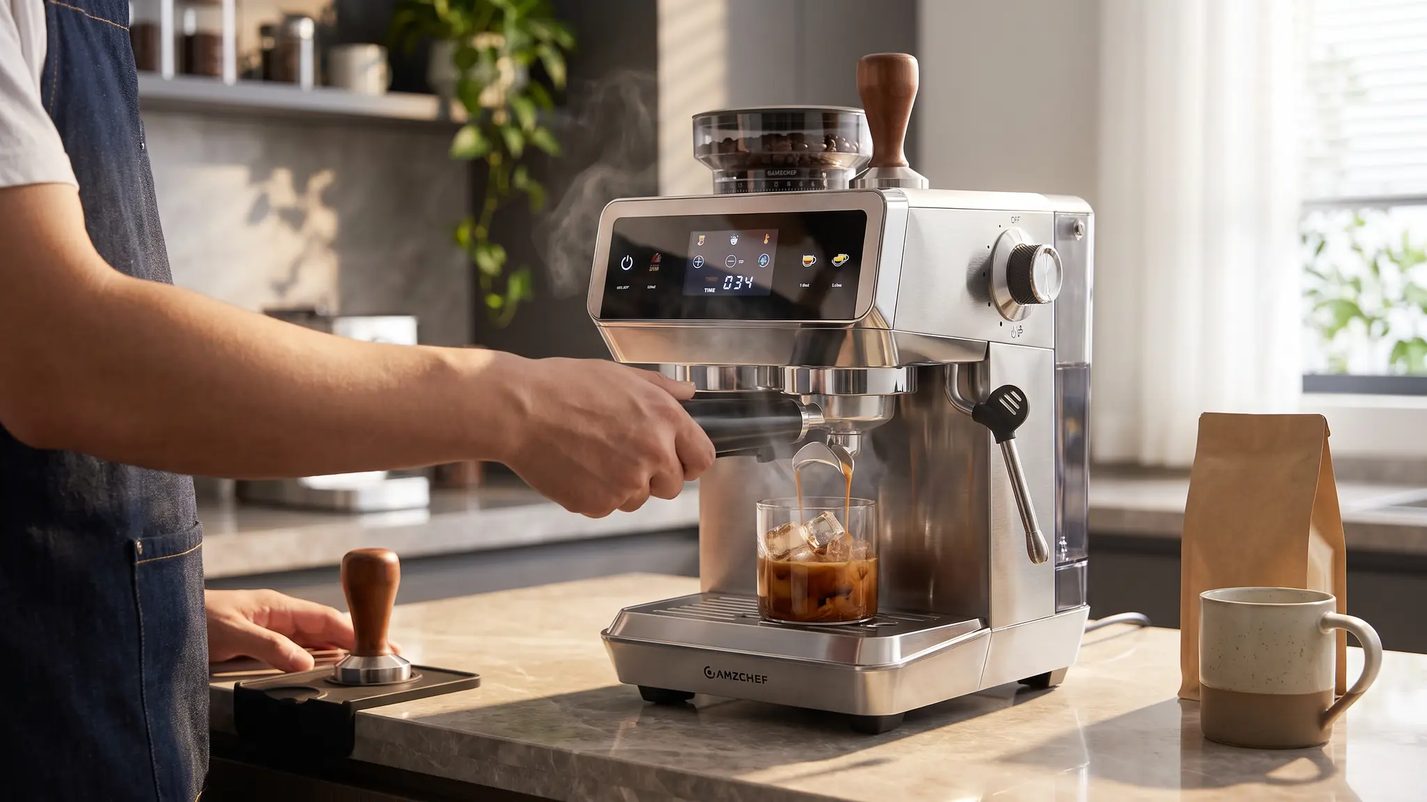 AMZCHEF Espresso Machine with Grinder coffee workflow