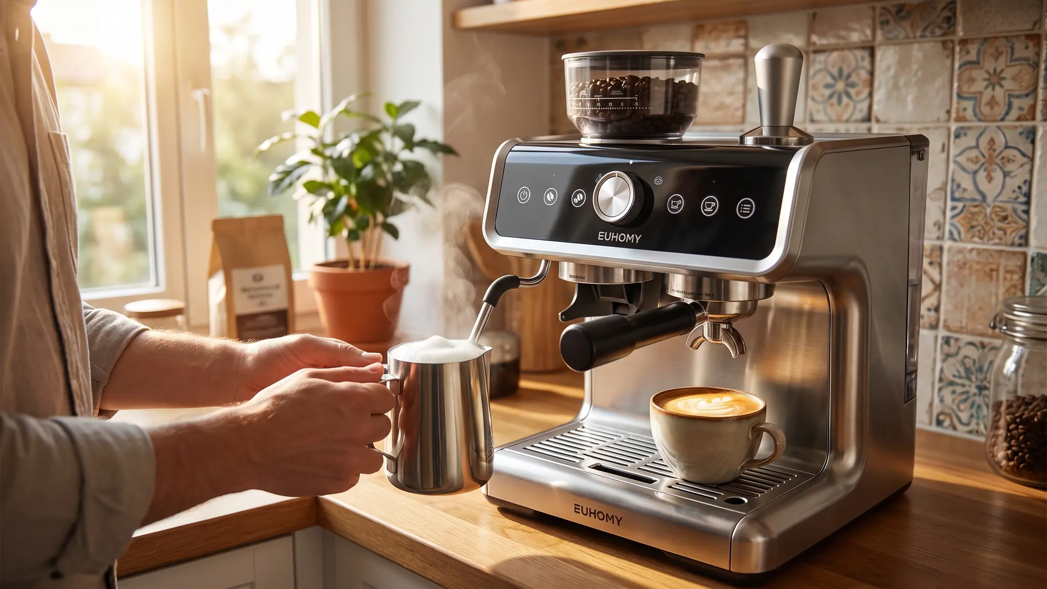 Euhomy Espresso Machine with Grinder coffee workflow